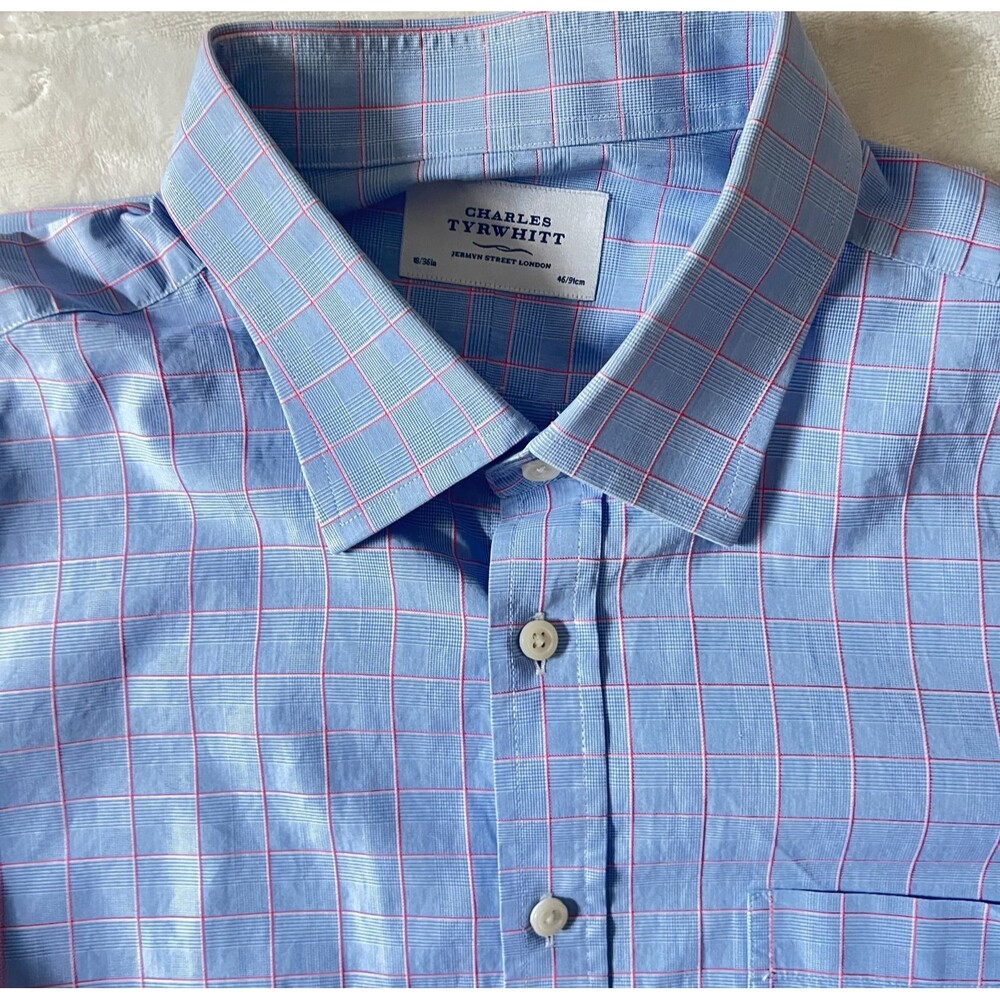 Charles Tyrwhitt Dress Shirt 18 36 Blue glen plaid Cotton